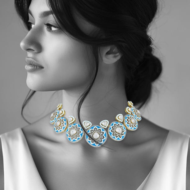 Blue Enamel Polki Necklace with Flower Motifs & Diamond Halos